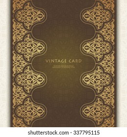 Background with luxury gold filigree ornament. Vertical frame in oriental style.Vector illustration