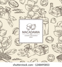 Background with macadamia: branch, leaves, macadamia nuts, soap and bath salt . Cosmetic and medical plant. Vector hand drawn illustration. 