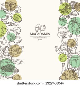 Antecedentes con macadamia: rama, hojas, nueces de macadamia, jabón y sal de baño. Planta cosmética y médica.Ilustración dibujada a mano por vectores. 