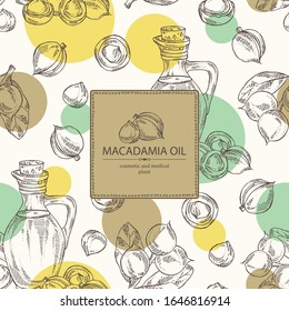 Background with macadamia: branch, macadamia nuts and bottle of macadamia oil. Vector hand drawn illustration