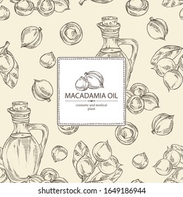 Background with macadamia: branch, macadamia nuts and bottle of macadamia oil. Vector hand drawn illustration