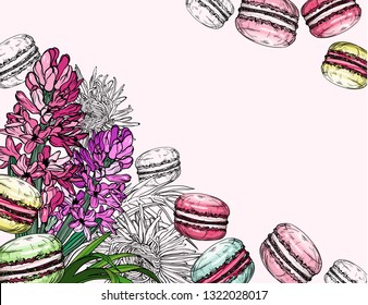 Background with macaroon dessert and spring hyacinth flowers. Vector illustration