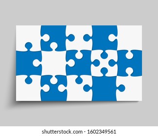 Background made with 15 blue pieces puzzle. Vector rectangle banner jigsaw template with particles, details, tiles, parts. Frame pattern for education and presentation with element piece puzzle.