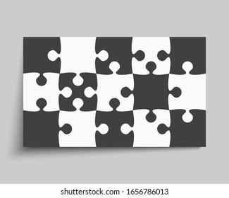 Background made with 15 pieces puzzle. Vector rectangle banner jigsaw template with particles, details, tiles, parts. Frame pattern for education and presentation with element piece puzzle.