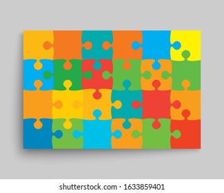 Background made with 24 color pieces puzzle. Vector rectangle banner jigsaw template with particles, details, tiles, parts. Frame pattern for education and presentation with element piece puzzle.