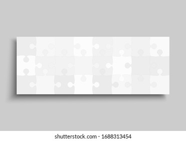 Hintergrund mit 24 grauem Puzzle. Rechteckige Banner-Jigsaw-Vorlage für die Vektorillustration mit Teilchen, Details, Fliesen, Teilen. Rahmenmuster für Bildung und Präsentation mit Element-Puzzle.