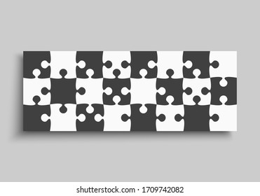 Hintergrund mit 24 Stück Rätsel. Rechteckige Banner-Jigsaw-Vorlage für die Vektorillustration mit Teilchen, Details, Fliesen, Teilen. Rahmenmuster für Bildung und Präsentation mit Element-Puzzle.
