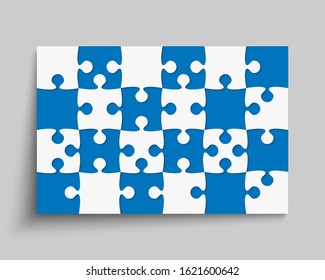 Background made with 24 white blue pieces puzzle. Vector rectangle banner jigsaw template with particles, details, tiles, parts. Frame pattern for education and presentation with element piece puzzle.