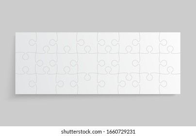 Background made with 24 white pieces puzzle. Vector rectangle banner jigsaw template with particles, details, tiles, parts. Frame pattern for education and presentation with element piece puzzle.