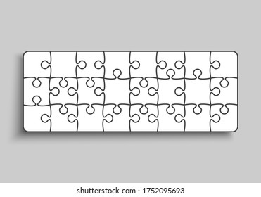 Background made with 24 white pieces puzzle. Vector rectangle banner jigsaw template with particles, details, tiles, parts. Frame pattern for education and presentation with element piece puzzle.