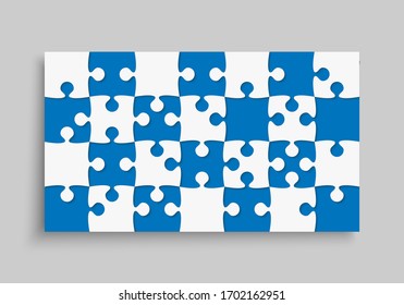 Hintergrund mit 28 Stück Rätsel. Rechteckige Banner-Jigsaw-Vorlage für die Vektorillustration mit Teilchen, Details, Fliesen, Teilen. Rahmenmuster für Bildung und Präsentation mit Element-Puzzle.