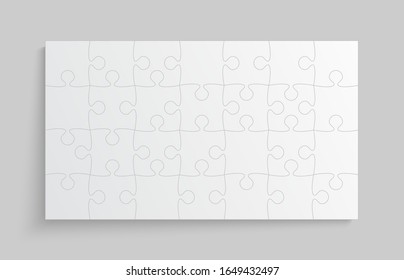 Background made with 28 white pieces puzzle. Vector rectangle banner jigsaw template with particles, details, tiles, parts. Frame pattern for education and presentation with element piece puzzle.