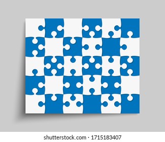Background made with 30 pieces puzzle. Vector rectangle banner jigsaw template with particles, details, tiles, parts. Frame pattern for education and presentation with element piece puzzle.