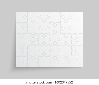 Background made with 30 white pieces puzzle. Vector rectangle banner jigsaw template with particles, details, tiles, parts. Frame pattern for education and presentation with element piece puzzle.