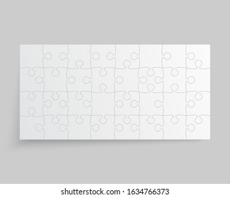 Background made with 32 white pieces puzzle. Vector rectangle banner jigsaw template with particles, details, tiles, parts. Frame pattern for education and presentation with element piece puzzle.