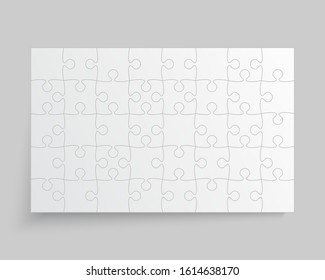 Background made with 40 white pieces puzzle. Vector rectangle banner jigsaw template with particles, details, tiles, parts. Frame pattern for education and presentation with element piece puzzle.