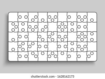 Background made with 40 white pieces puzzle. Vector rectangle banner jigsaw template with particles, details, tiles, parts. Frame pattern for education and presentation with element piece puzzle.