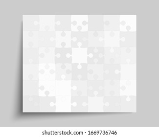 Background made with 42 grey pieces puzzle. Vector rectangle banner jigsaw template with particles, details, tiles, parts. Frame pattern for education and presentation with element piece puzzle.