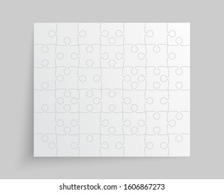 Background made with 42 white pieces puzzle. Vector rectangle banner jigsaw template with particles, details, tiles, parts. Frame pattern for education and presentation with element piece puzzle.