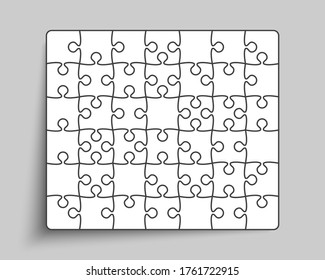 Background made with 42 white pieces puzzle. Vector rectangle banner jigsaw template with particles, details, tiles, parts. Frame pattern for education and presentation with element piece puzzle.