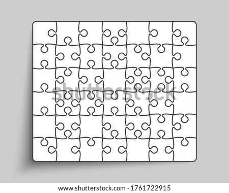 Background made with 42 white pieces puzzle. Vector rectangle banner jigsaw template with particles, details, tiles, parts. Frame pattern for education and presentation with element piece puzzle.