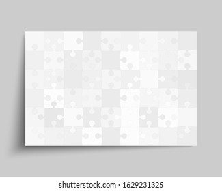 Background made with 54 grey pieces puzzle. Vector rectangle banner jigsaw template with particles, details, tiles, parts. Frame pattern for education and presentation with element piece puzzle.
