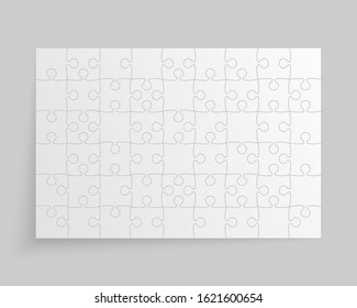 Background made with 54 white pieces puzzle. Vector rectangle banner jigsaw template with particles, details, tiles, parts. Frame pattern for education and presentation with element piece puzzle.