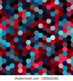 Background made of black, blue, red hexagons. Seamless background. Square composition with geometric shapes
