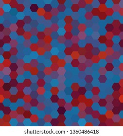Background made of blue, orange, red hexagons. Seamless background. Square composition with geometric shapes.