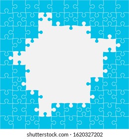 Background made with blue pieces puzzle. Vector square banner jigsaw template with particles, details, tiles, parts. Frame pattern for education and presentation with element piece puzzle.