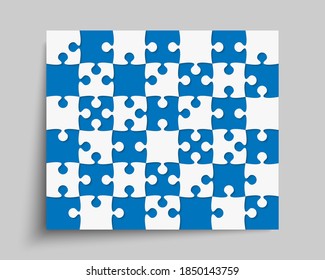 Fondo hecho con rompecabezas de piezas blancas azules. Mapa de rompecabezas de banner rectangular vectorial con 42 partículas, detalles, baldosas, piezas. Patrón de marco para educación y presentación con rompecabezas de pieza de elemento