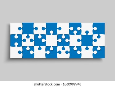 Background made with blue white pieces puzzle. Vector rectangle banner jigsaw template with 24 particles, details, tiles, parts. Frame pattern for education and presentation with element piece puzzle