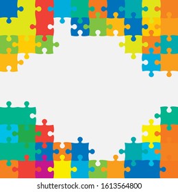 Background made with color pieces puzzle. Vector square banner jigsaw template with particles, details, tiles, parts. Frame pattern for education and presentation with element piece puzzle.