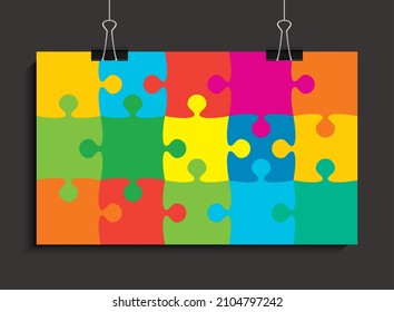 Background made color pieces puzzle. Vector square banner jigsaw template with particles, details, tiles, parts. Poster frame pattern for education and presentation with element piece puzzle