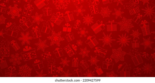 Background made of complex Christmas snowflakes and gift boxes with different patterns, in red colors