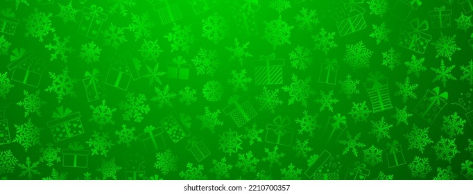 Fondo hecho de complejos copos de nieve navideños y cajas de regalo con diferentes patrones, en colores verdes