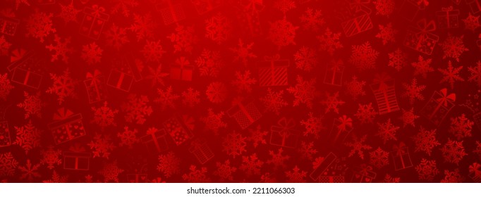 Background made of complex Christmas snowflakes and gift boxes with different patterns, in red colors
