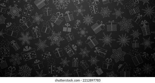Background made of complex Christmas snowflakes and gift boxes with different patterns, in black colors