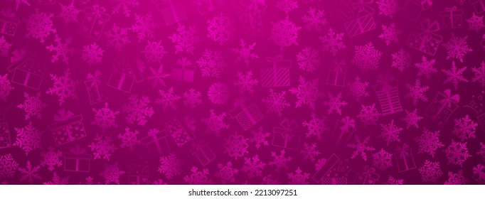 Background made of complex Christmas snowflakes and gift boxes with different patterns, in purple colors