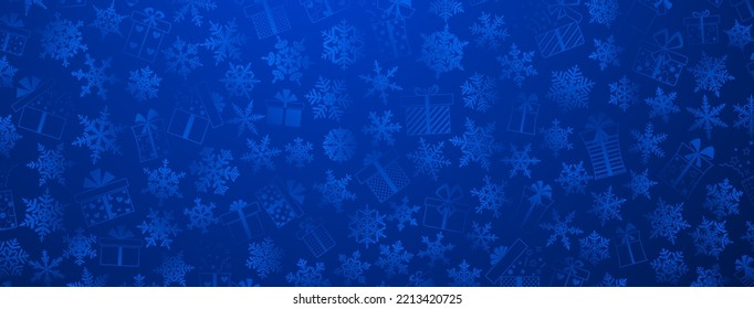 Background made of complex Christmas snowflakes and gift boxes with different patterns, in blue colors