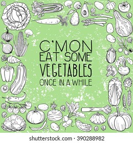 background made of different hand drawn vegetables