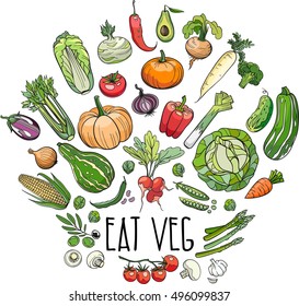 background made of different hand drawn vegetables