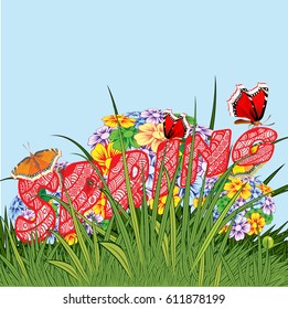 Background made up of flowers and plants. Botany.