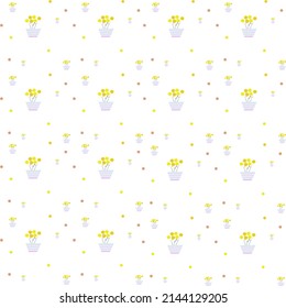 The background is made of geometric shapes. a picture of a pot Stripes of pink, blue, trees with orange and yellow flowers