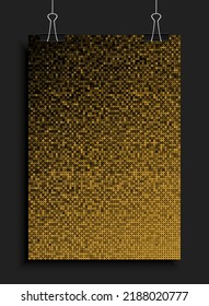 Background made gold sequins, glitters, sparkles, paillettes. Vector template luxury poster with sparkling sequins, glitter gradient dots. Background bright circle mosaic for festive holiday disco