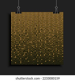 Secuencias de oro de fondo, relámpagos, chispas, pastillas. Cartel de lujo de plantilla de vectores con secuencias brillantes, puntos de degradado de brillo. Mosaico circular brillante de fondo para discoteca festiva