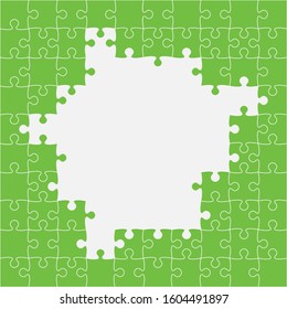 Background made with green pieces puzzle. Vector square banner jigsaw template with particles, details, tiles, parts. Frame pattern for education and presentation with element piece puzzle.