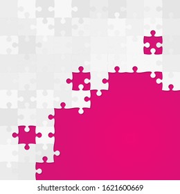 Background made with grey pieces puzzle. Vector square pink banner jigsaw template with particles, details, tiles, parts. Frame pattern for education and presentation with element piece puzzle.