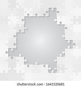 Background made with grey pieces puzzle. Vector square banner jigsaw template with particles, details, tiles, parts. Frame pattern for education and presentation with element piece puzzle.