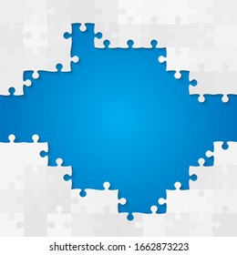 Background made with grey pieces puzzle. Vector square banner jigsaw template with particles, details, tiles, parts. Frame pattern for education and presentation with element piece puzzle.